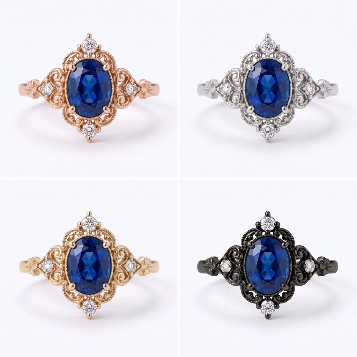Vintage sapphire ring with floral accents and ornate scrollwork