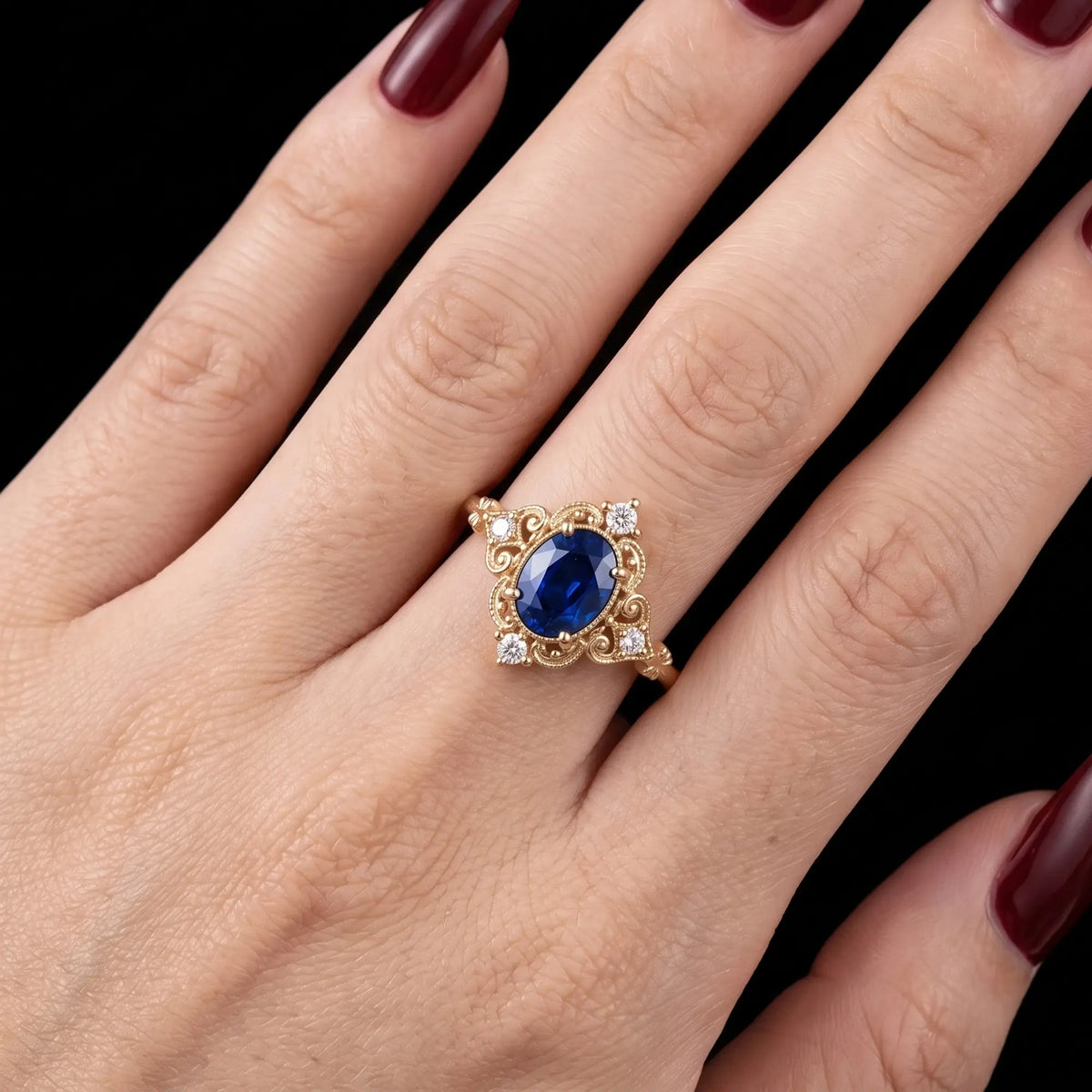 Romantic vintage sapphire ring with milgrain and openwork details for women jewelry
