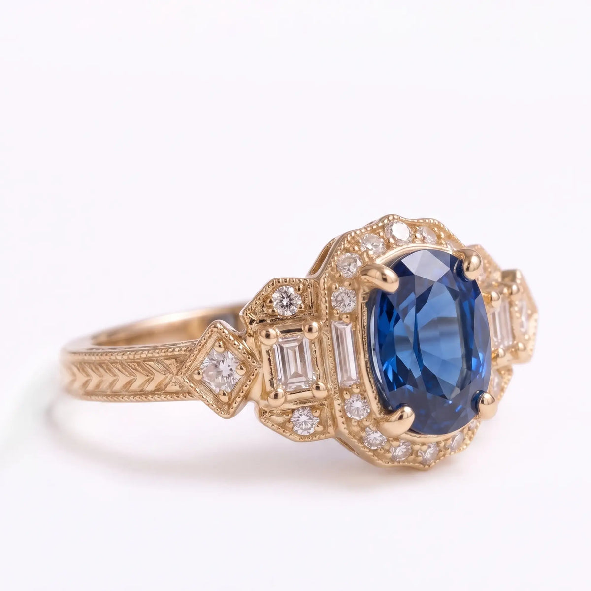 Vintage gold sapphire halo ring with rectangular moissanite side stones