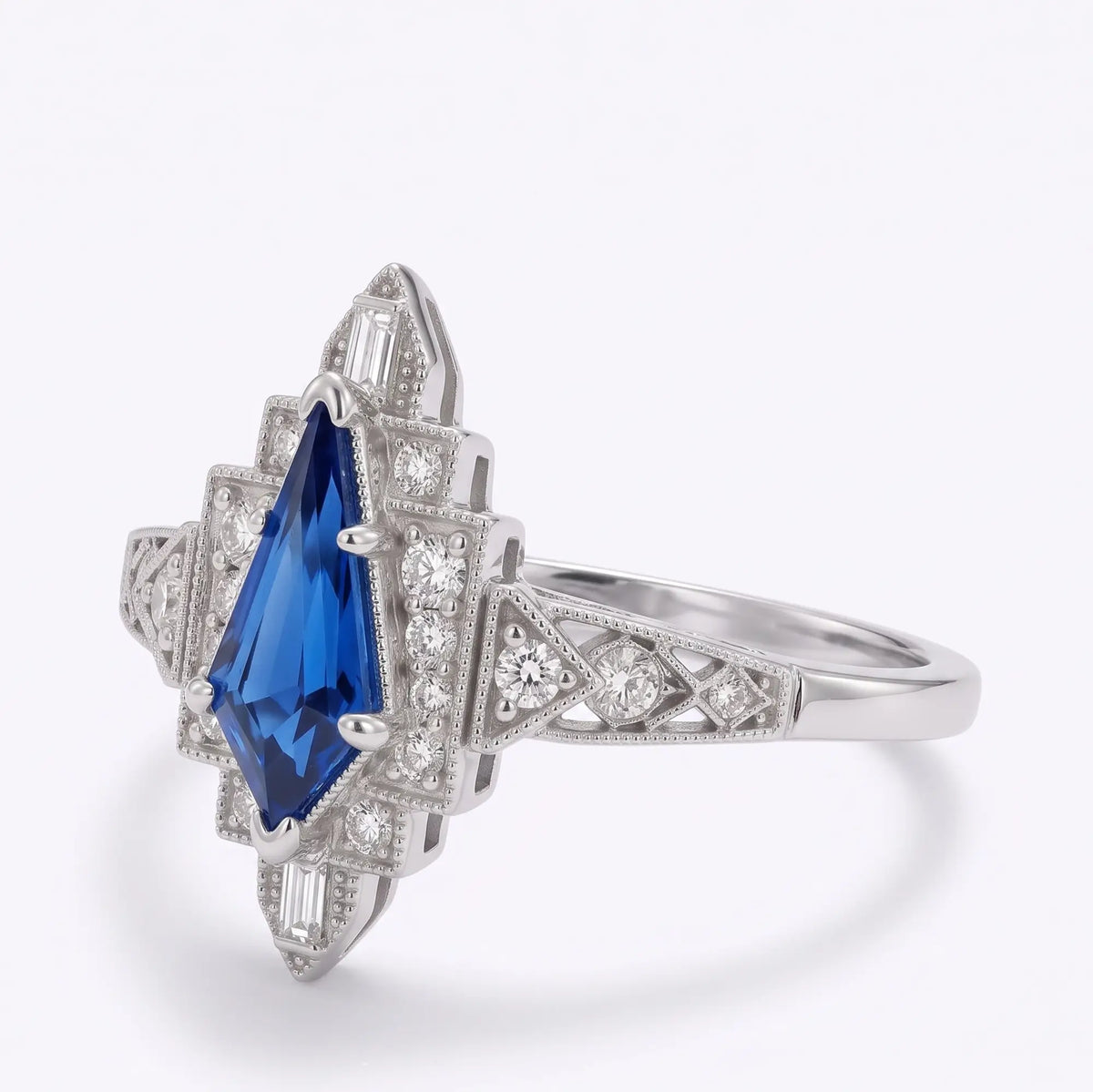 Three quarter view of geometric lab sapphire halo ring with moissanite accents