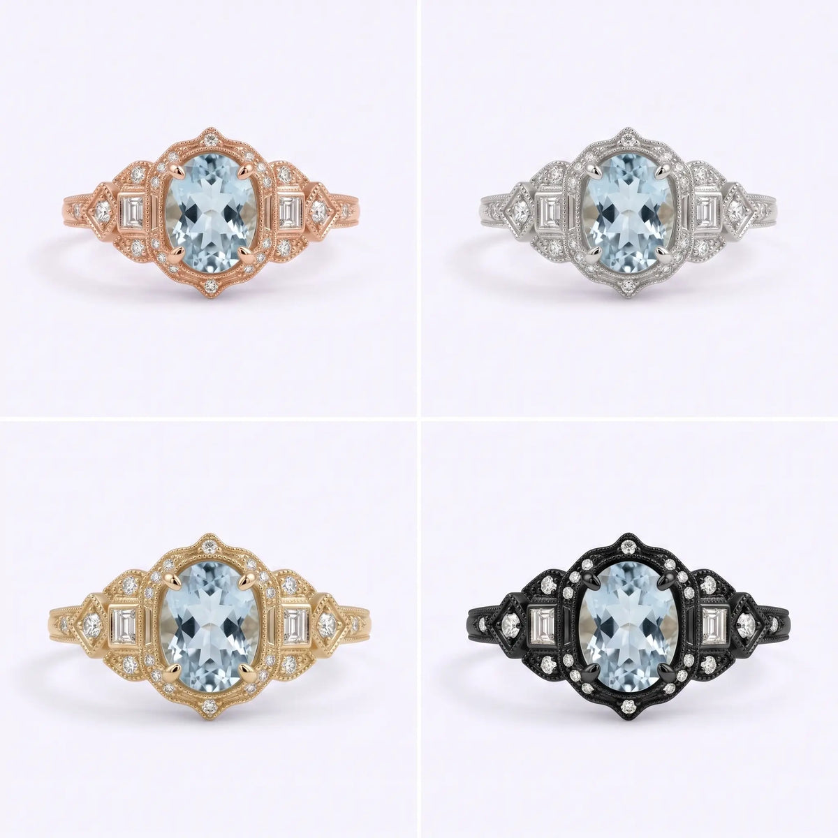Heirloom style oval aquamarine ring with milgrain and geometric accents