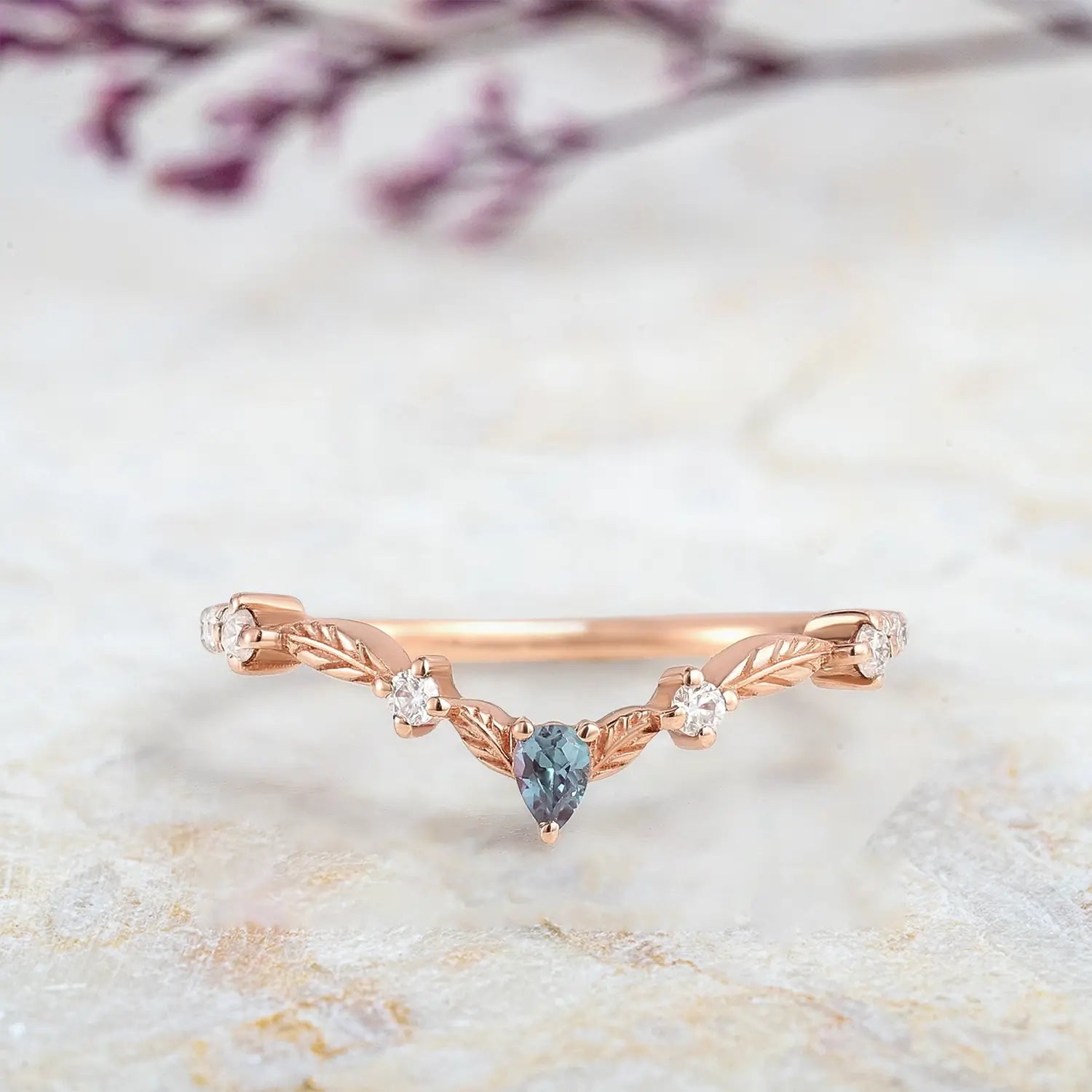 Marquise Alexandrite Leaf Wedding Band – Nature-Inspired Elegance | orleone leaf band