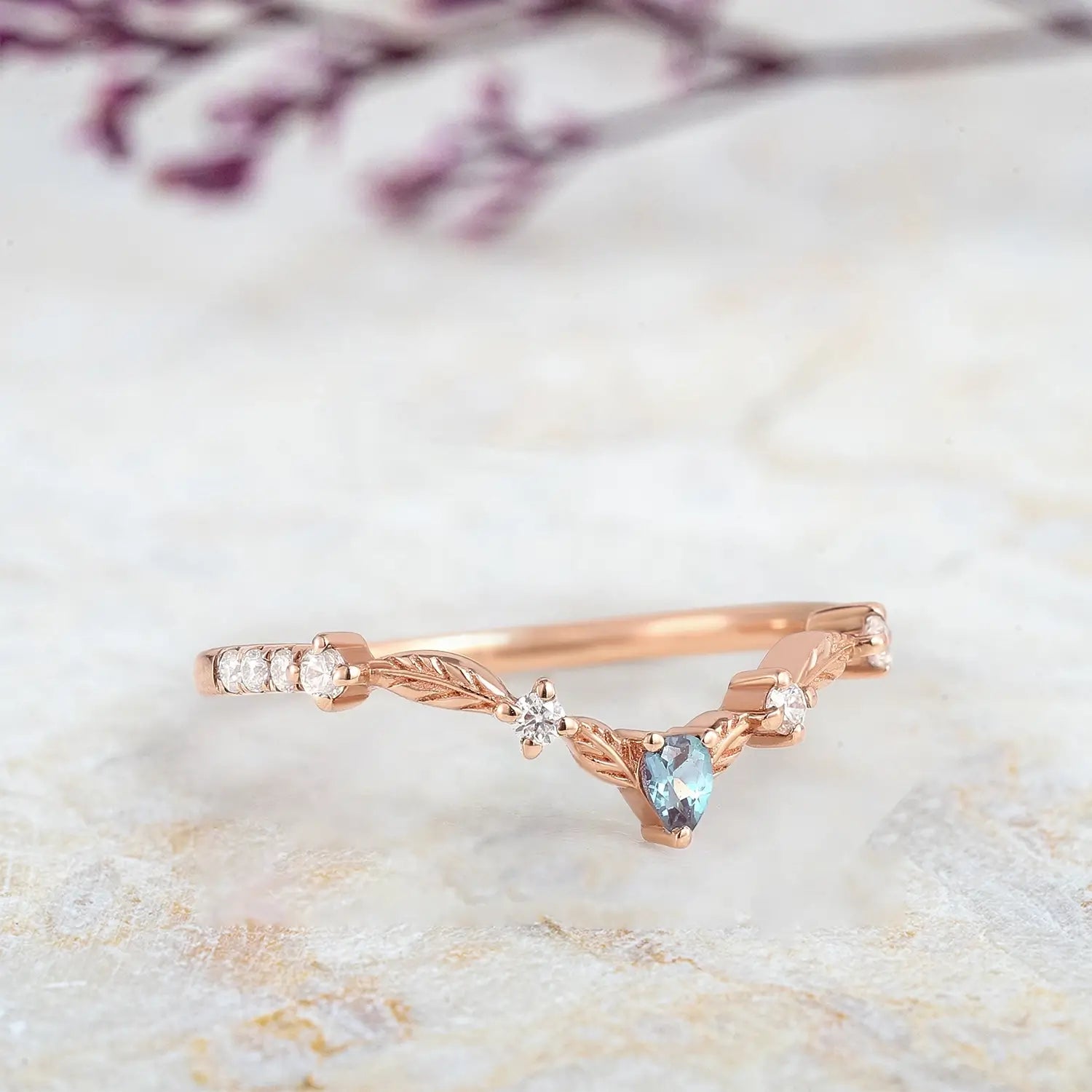 Marquise Alexandrite Leaf Wedding Band – Nature-Inspired Elegance | orleone leaf band