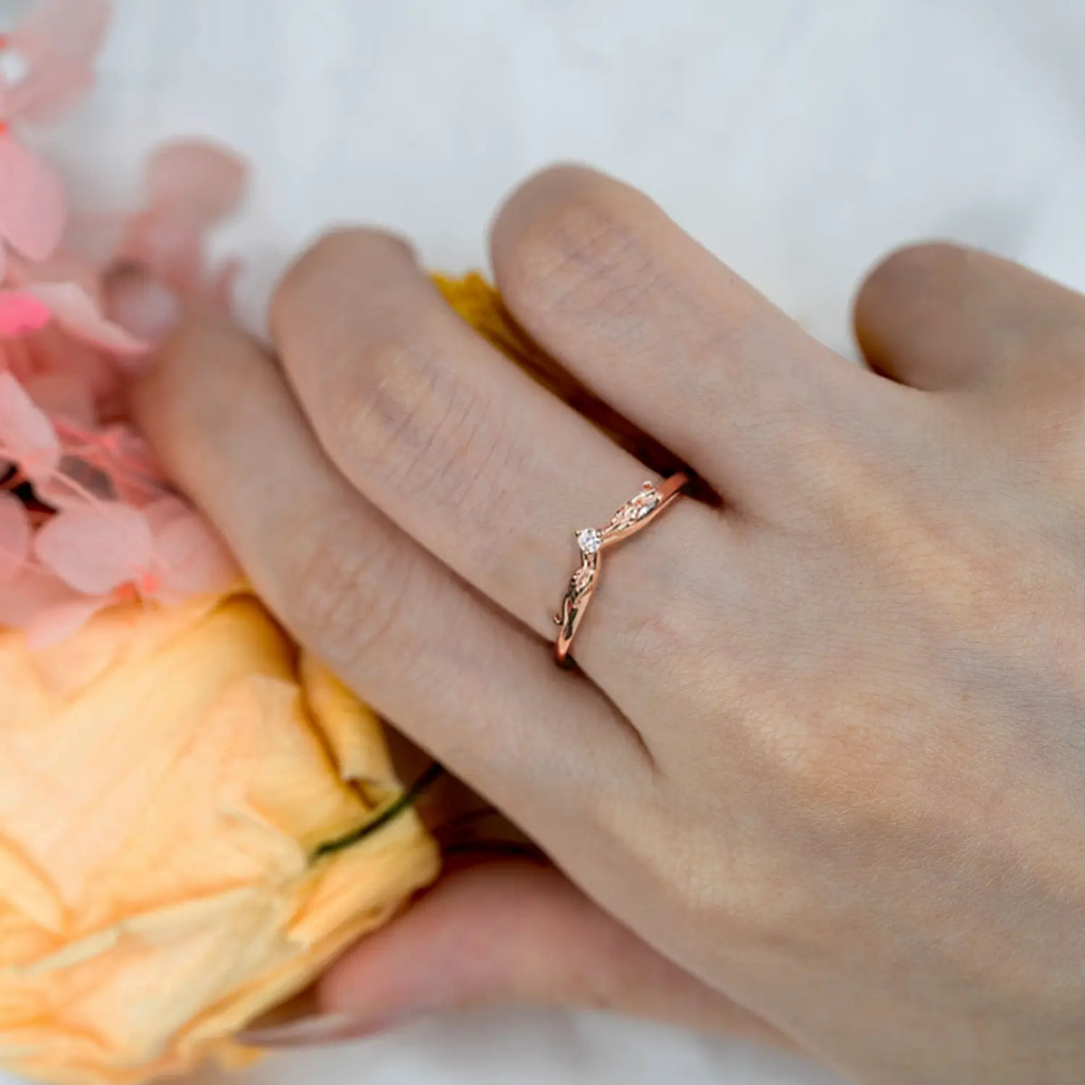 V Shaped Leaf Stackable Matching Wedding Bands Minimalist style