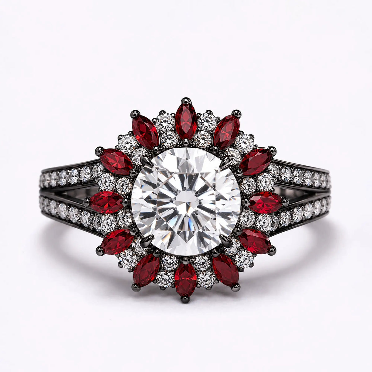 Gothic round moissanite ruby halo cluster ring in black gold