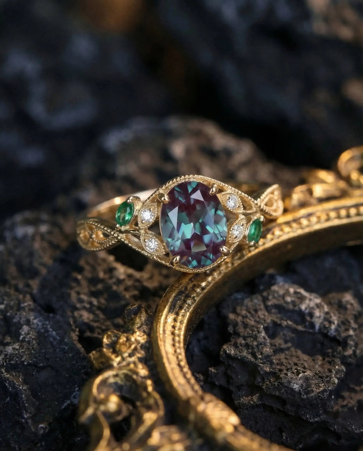 Vintage Oval Emerald Engagement Ring Edwardian Leaf Filigree Ring – Elowen