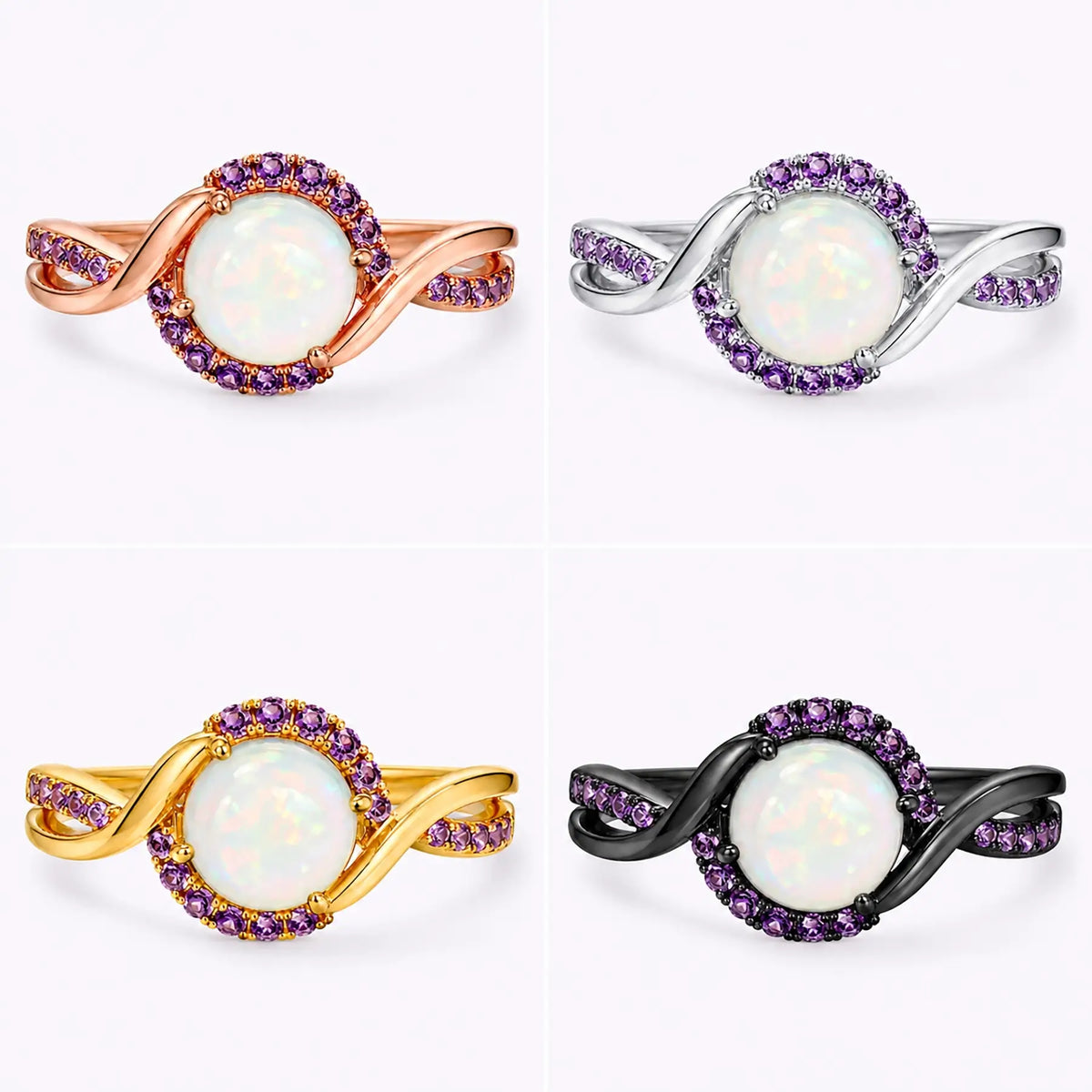 Close-up of natural white opal center stone with round amethyst halo accents - 4color