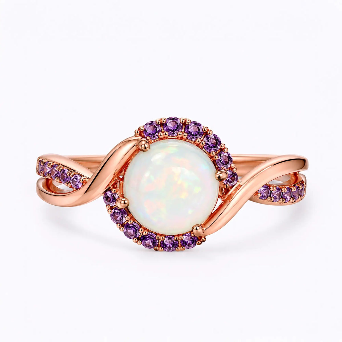 Classic round white opal halo engagement ring with amethyst accents in rose gold