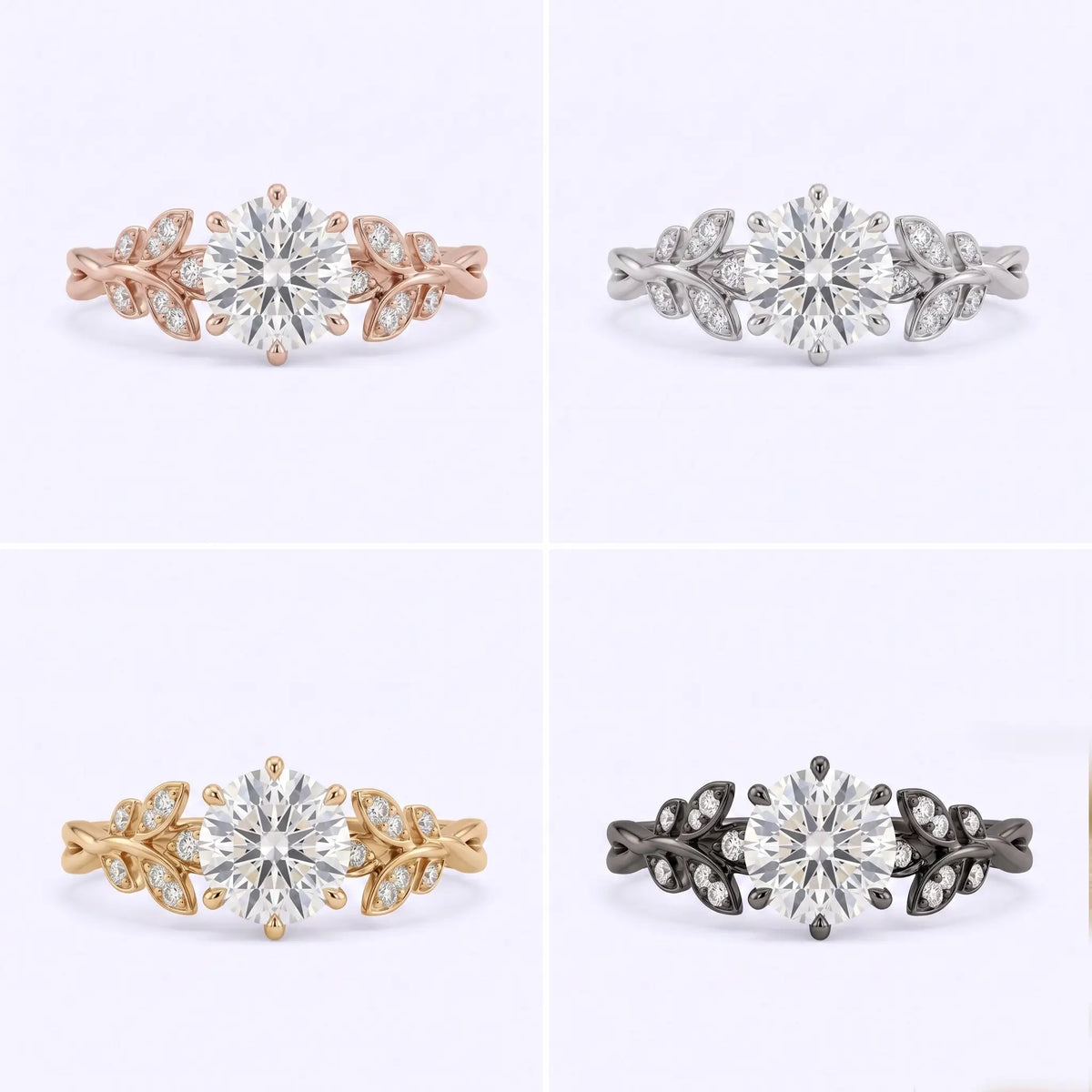Floral leaf engagement ring in black gold, white gold, rose gold, and yellow gold