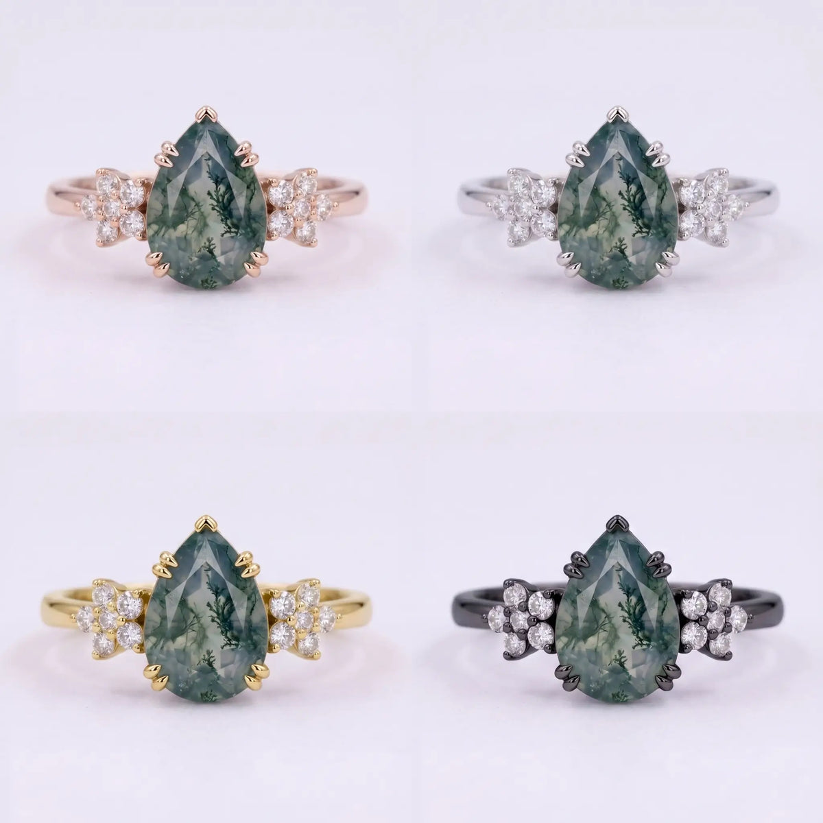 Front view matrix of Eldoria pear moss agate ring in black gold, rose gold, yellow gold, and white gold