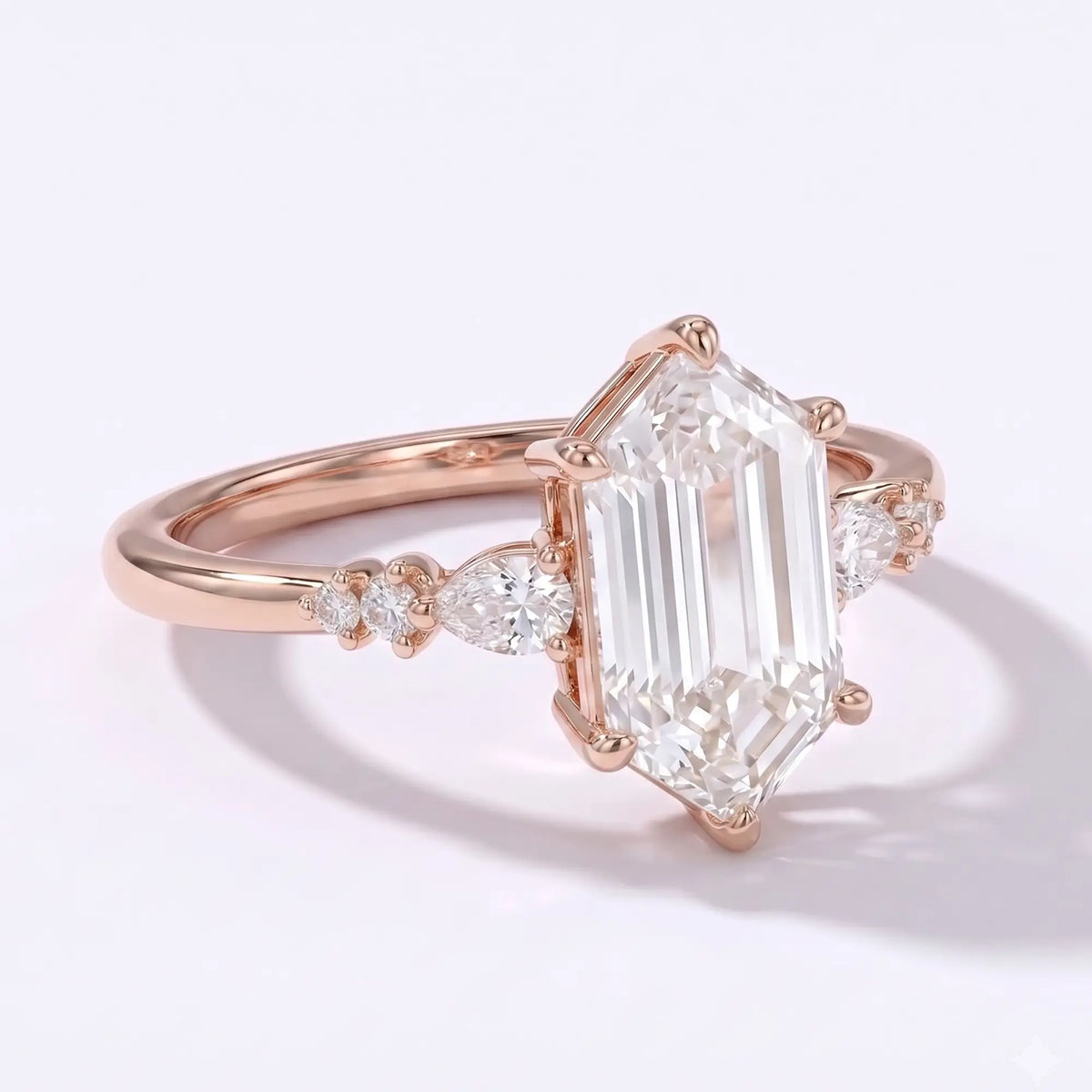 Side profile view of a dainty 1.7mm solid gold hexagon ring band showing low-profile cluster rings