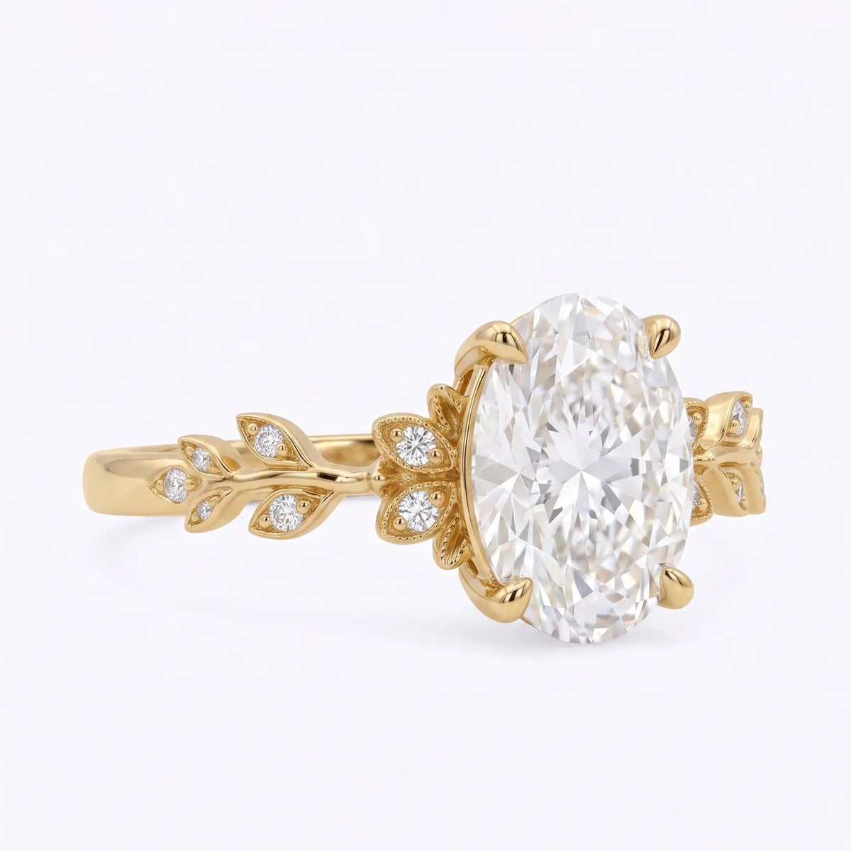 Side view of nature inspired oval moissanite ring with botanical details