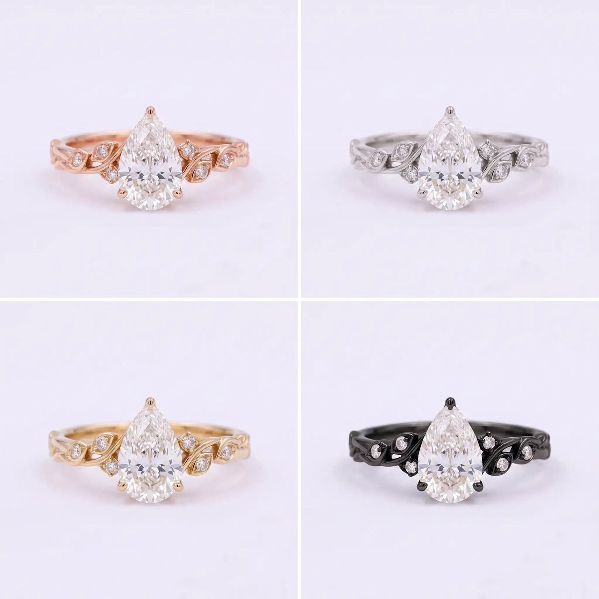 Pear cut moissanite botanical ring shown in multiple metal color options