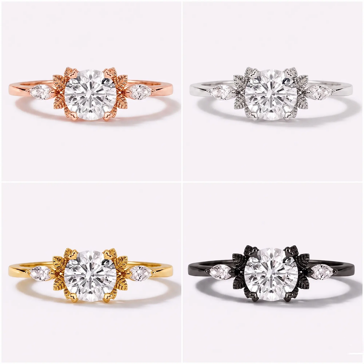 Round moissanite leaf engagement ring available in black gold, white gold, rose gold, and yellow gold options