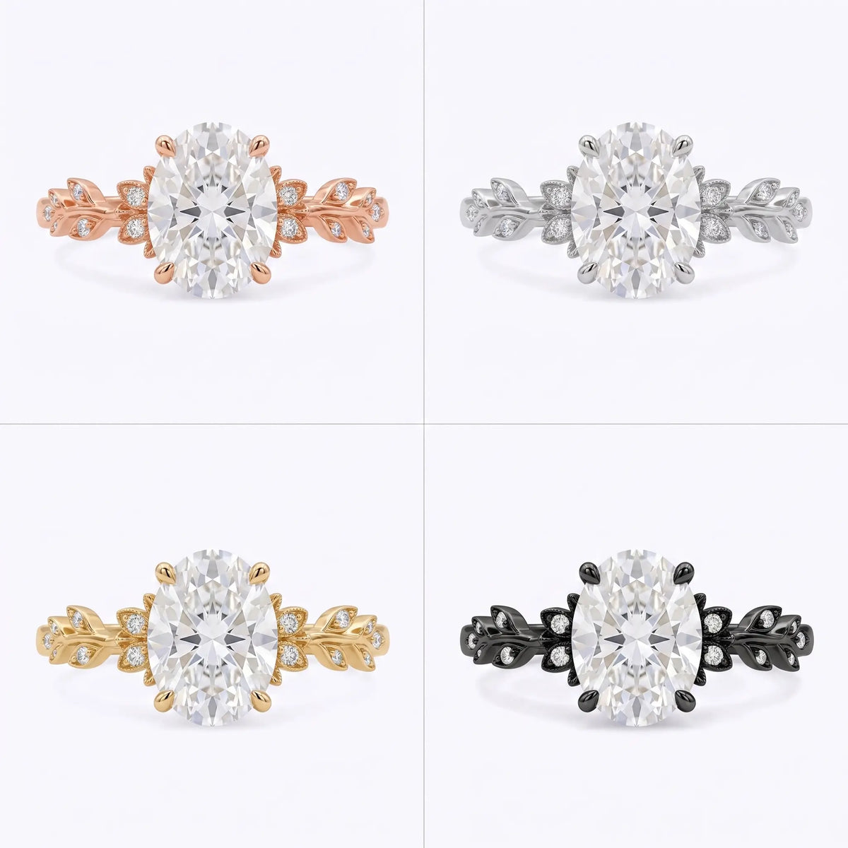 Oval moissanite leaf ring shown in yellow gold, rose gold, white gold, and black gold