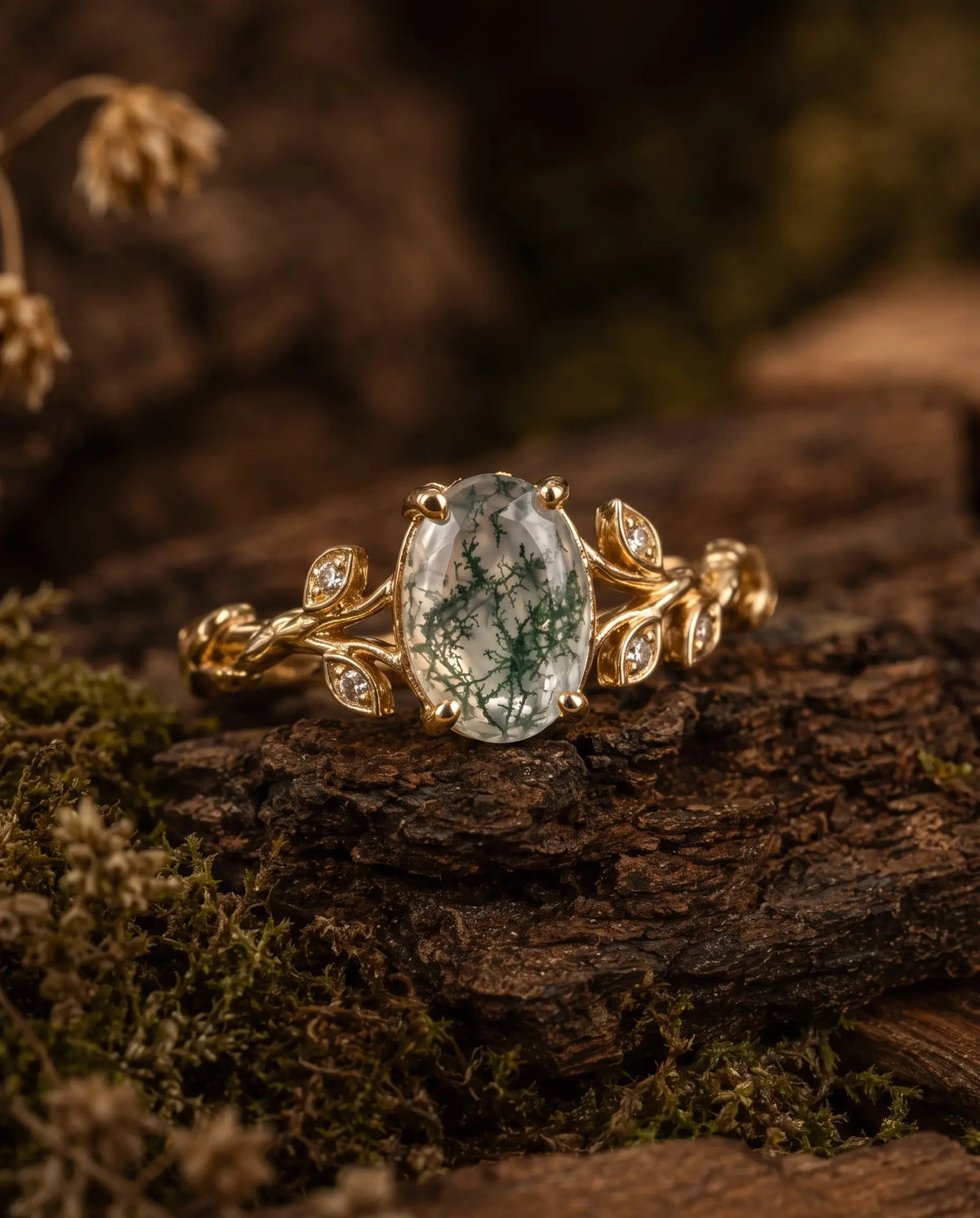 Natural oval moss agate center stone with unique forest-like inclusions
