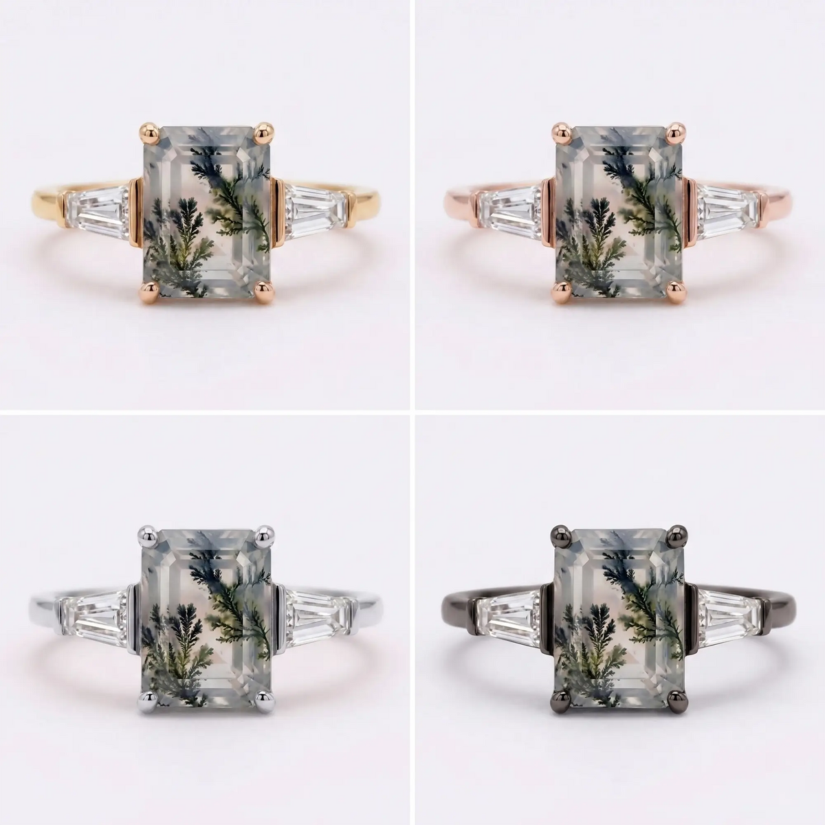 Studio matrix showcasing the classic emerald-cut moss agate three-stone ring across solid rose gold, yellow gold, white gold, and black gold options