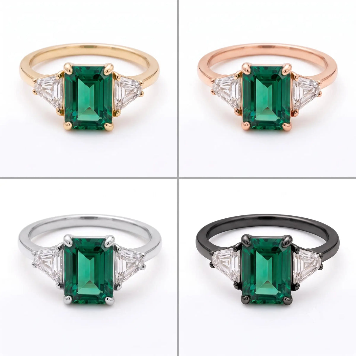 Classic emerald three stone ring shown in black gold, white gold, rose gold, and yellow gold