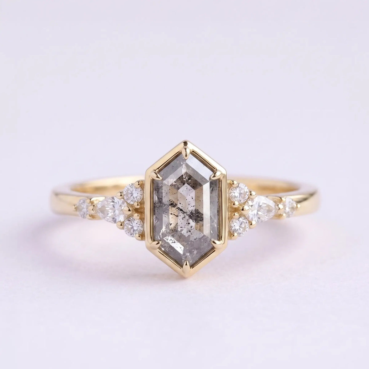 Handcrafted hexagon salt and pepper diamond bezel cluster engagement ring - Eryndor by Orleone