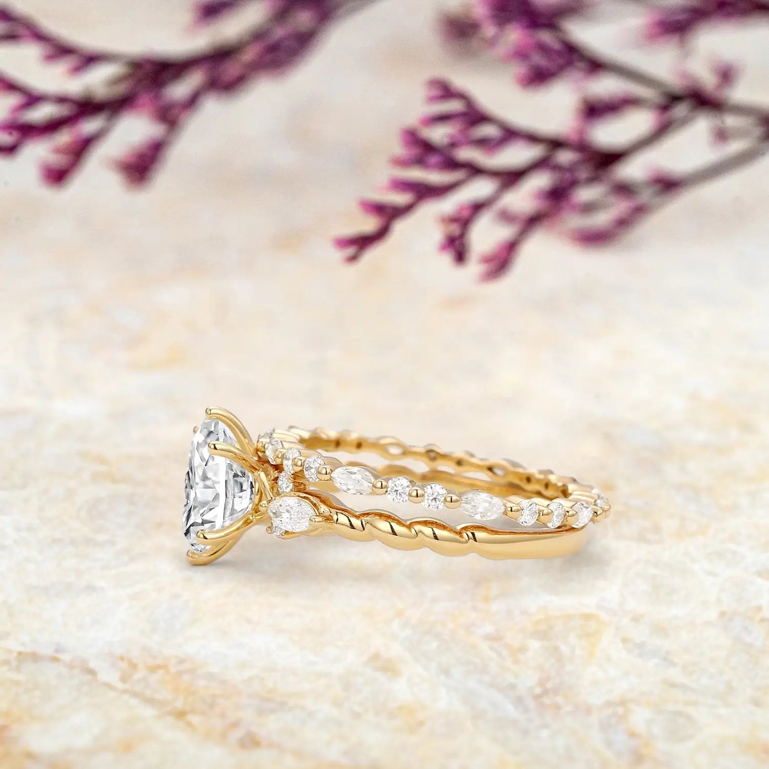 Separated view of main engagement ring and matching eternity band