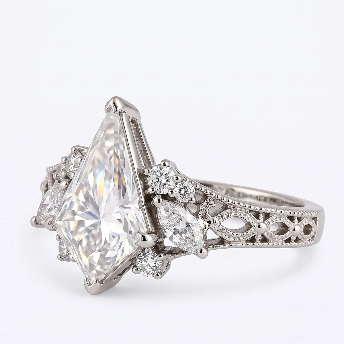 Side view of vintage-inspired kite moissanite cluster ring with milgrain detailing