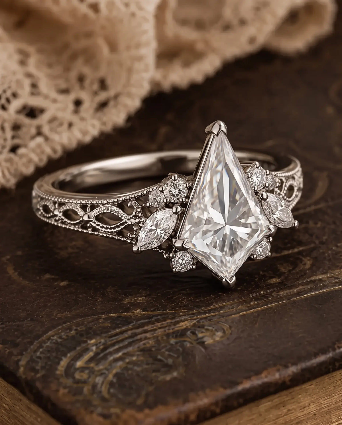 Milgrain-edged openwork band with scroll and leaf-inspired vintage detailing
