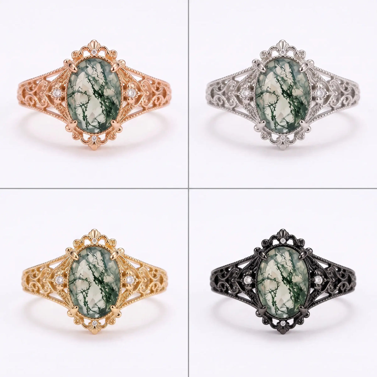 Edwardian moss agate ring shown in black gold, white gold, rose gold, and yellow gold