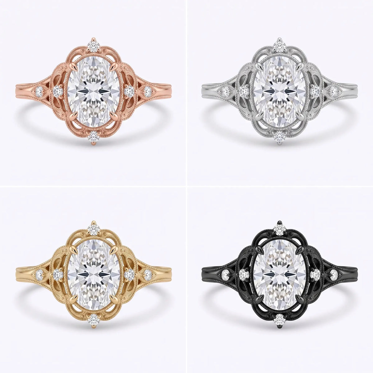 Anello Edwardian in oro nero, bianco, rosa e giallo con moissanite ovale, stile vintage elegante