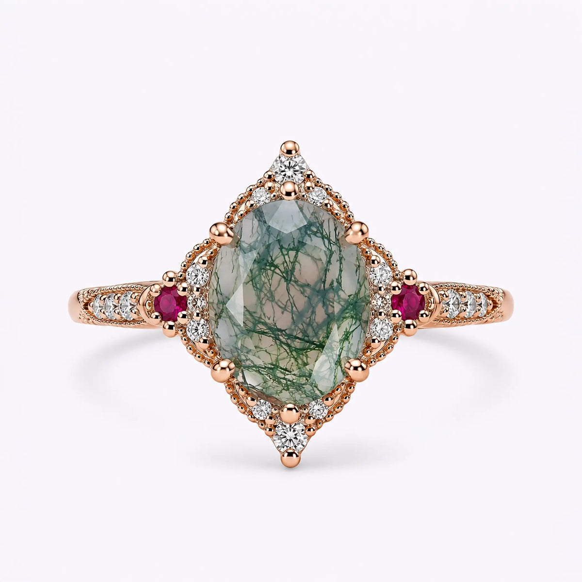 Oval moss agate vintage halo engagement ring with moissanite accents in rose gold
