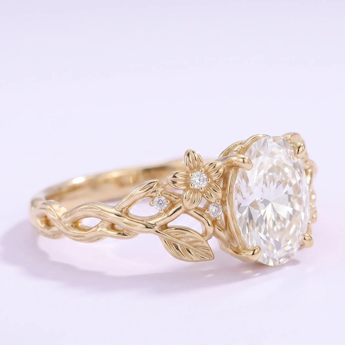 Botanical floral engagement ring with oval moissanite center stone