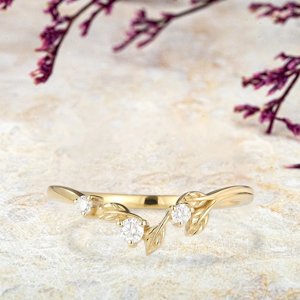 Vespera Moissanite Leaf Stacking Band – Nature-Inspired Wedding Band