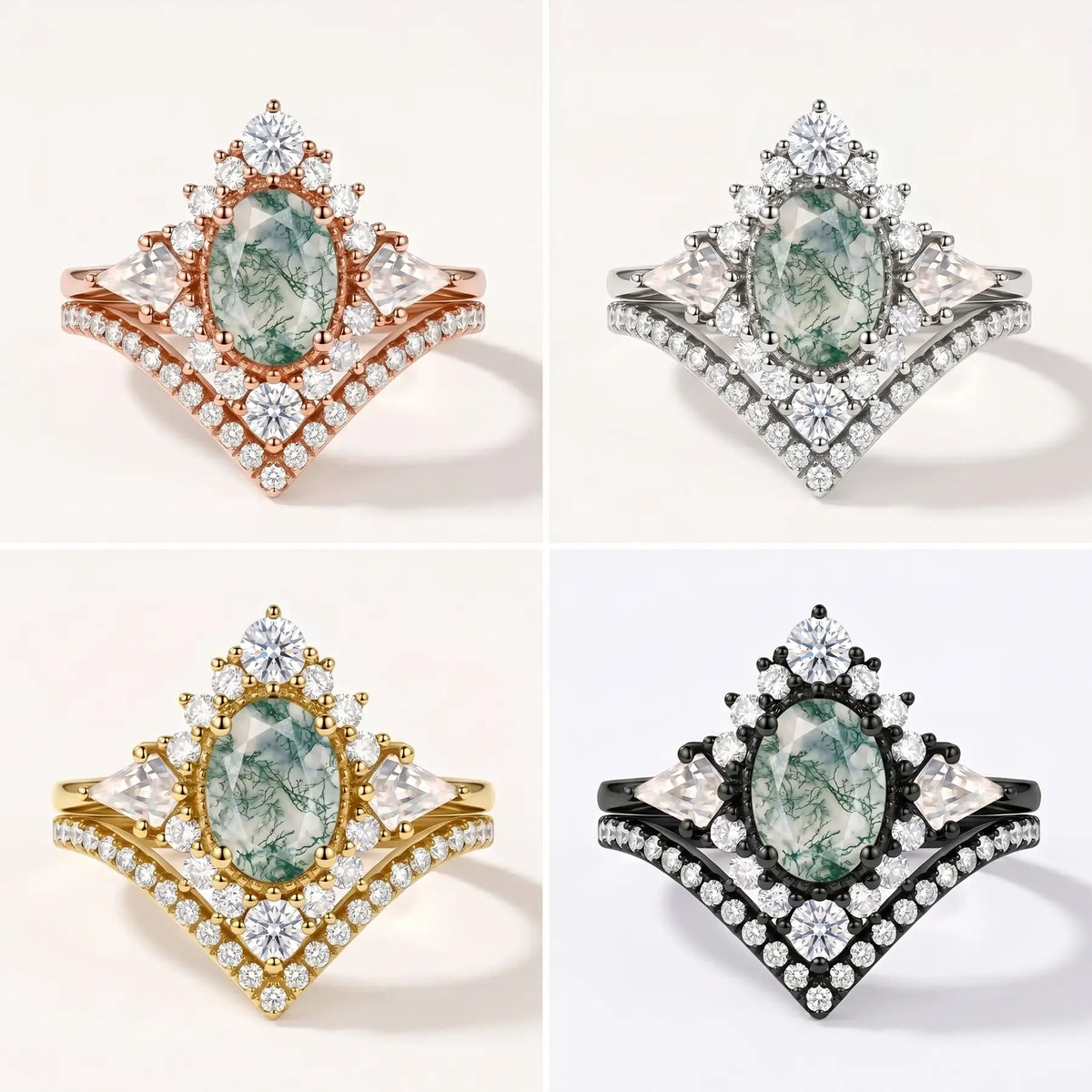 tudio showcase matrix of the gothic oval moss agate halo bridal set in black gold, rose gold, yellow gold, and white gold