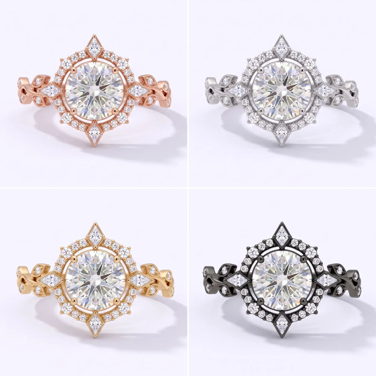 Four-color grid of the Heliora halo leaf ring in black gold, white gold, rose gold, and yellow gold