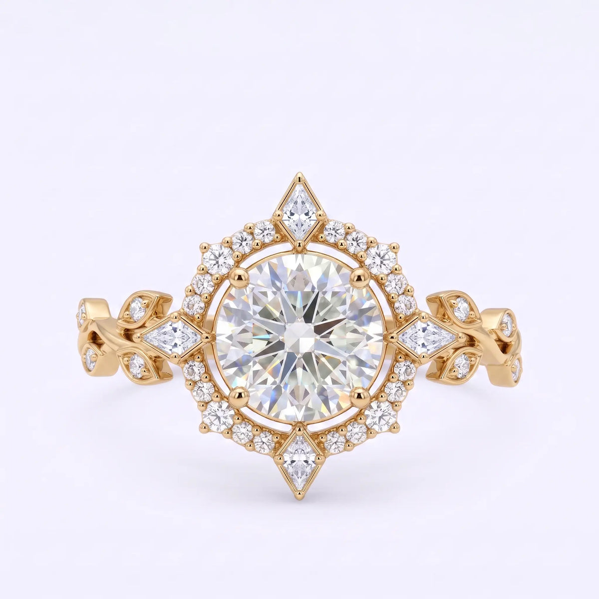 Round cut moissanite halo engagement ring with kite accents and crossed leaf band in yellow gold