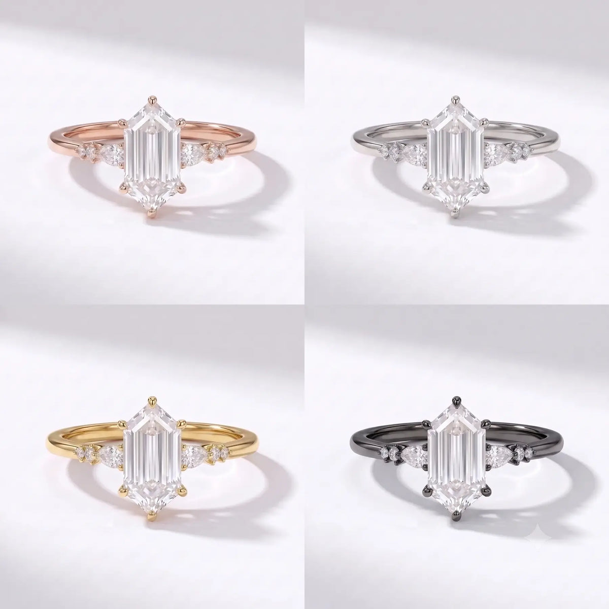 Studio matrix showcase displaying the elongated hexagon moissanite ring across rose gold, yellow gold, white gold, and black gold options