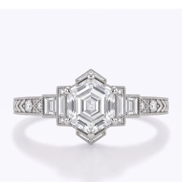 Vintage Art Deco hexagon step cut lab diamond cluster engagement ring with baguette side stones in white gold