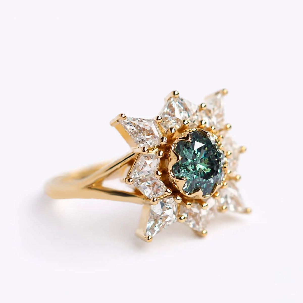 Solis Round Alexandrite Burst Halo Engagement Ring Bezel Set Rings