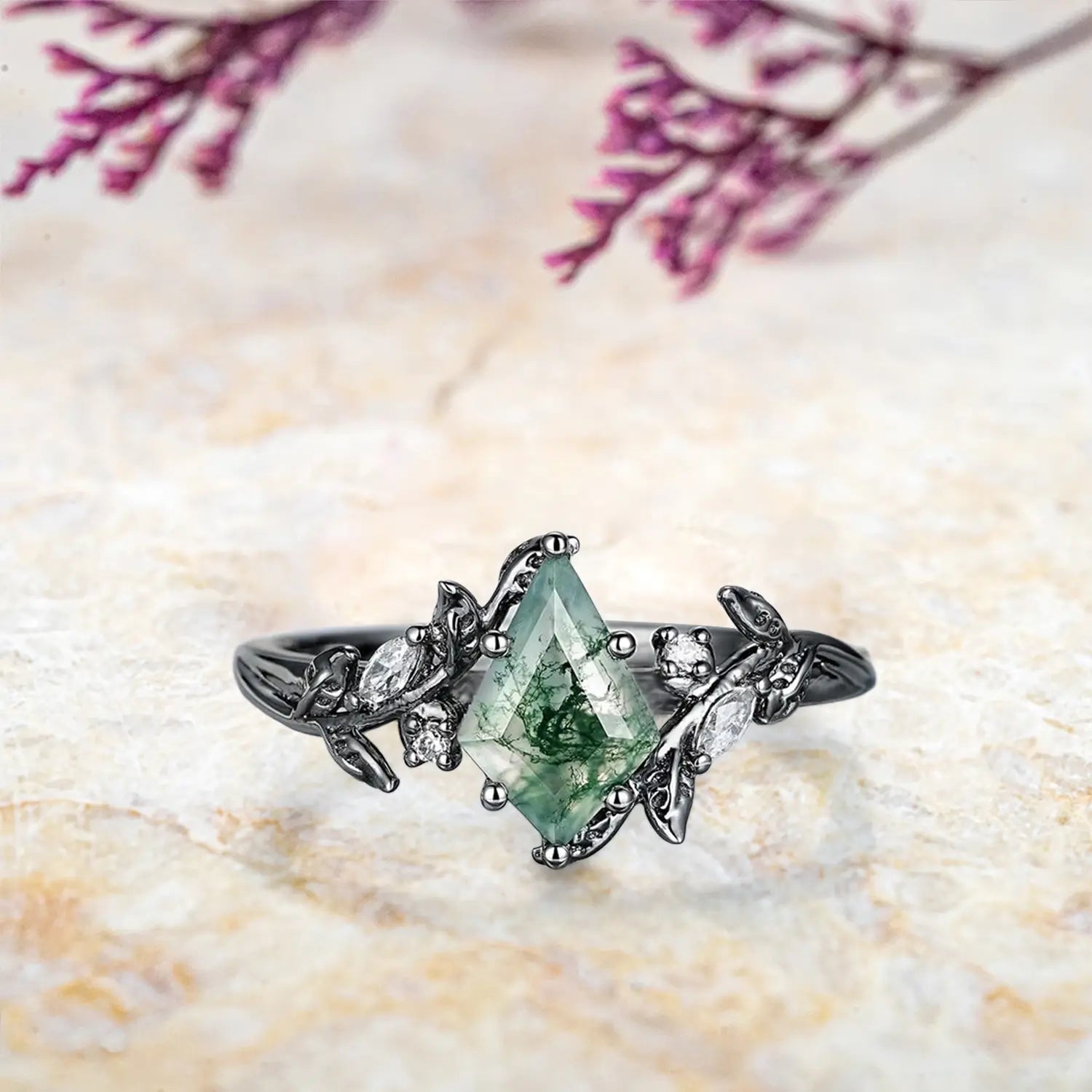 main ring black leaf ring kite cut moss agate rings for women promise gift