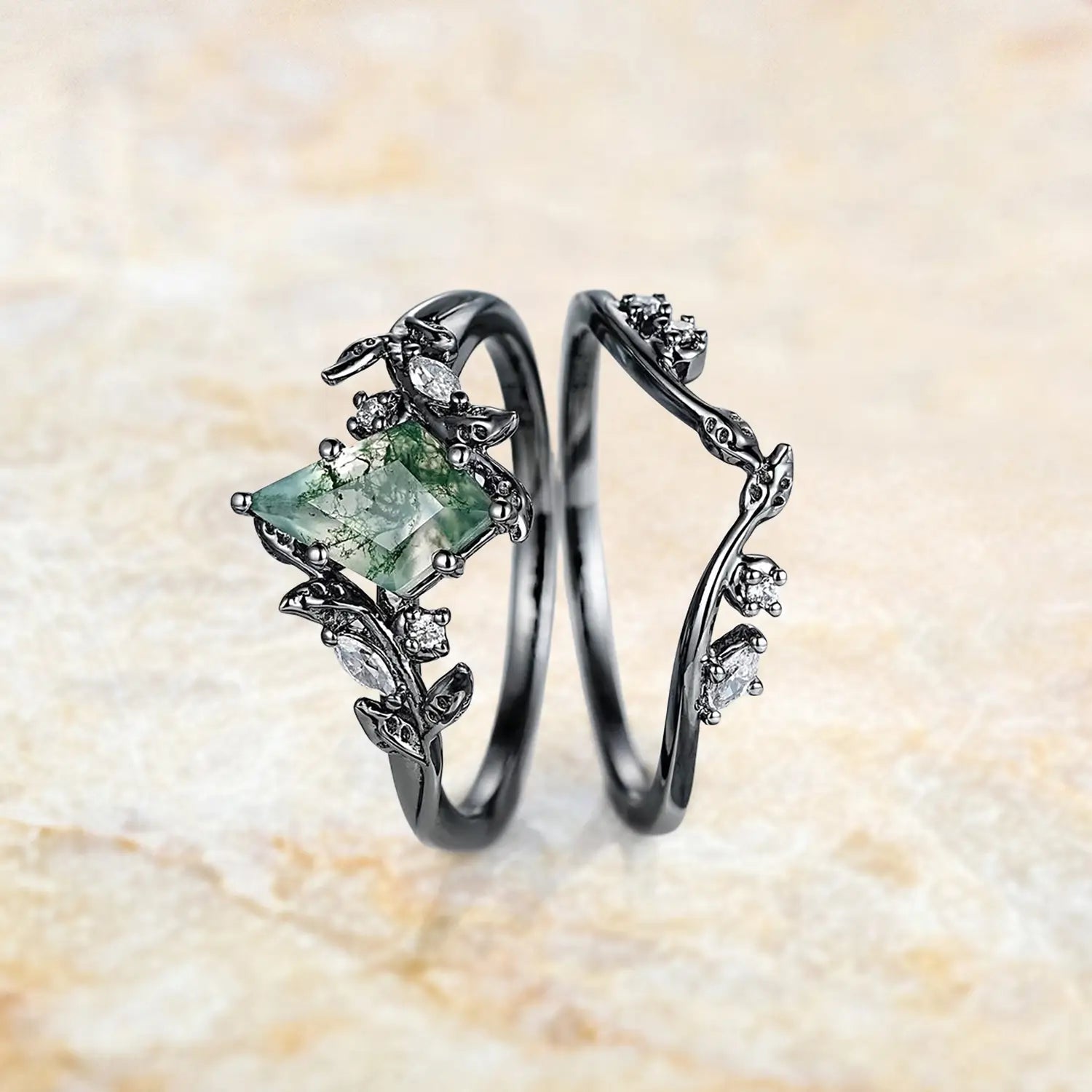 kite cut green moss agate ring with moissanite accents leaf engagement ring