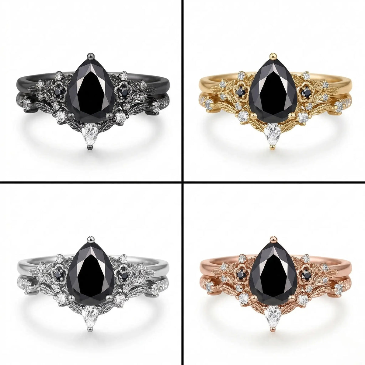 Pear Black Onyx Engagement Ring Set Black Gold Floral Gothic Ring- Midnight