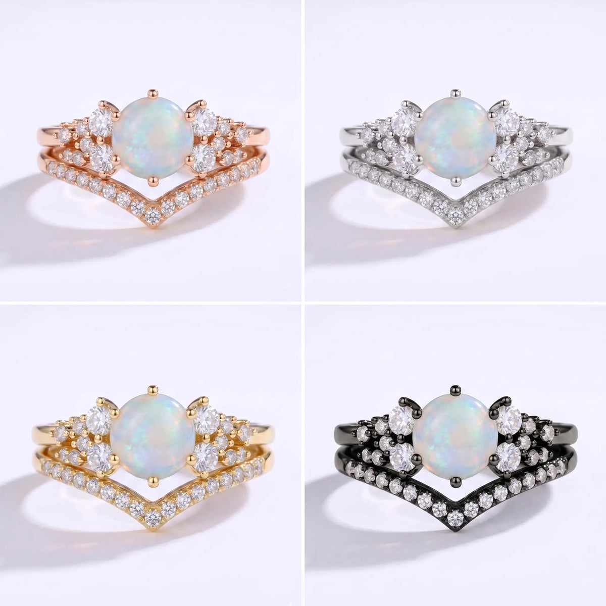 Single round opal engagement ring with moissanite cluster accents in gold 4 color
