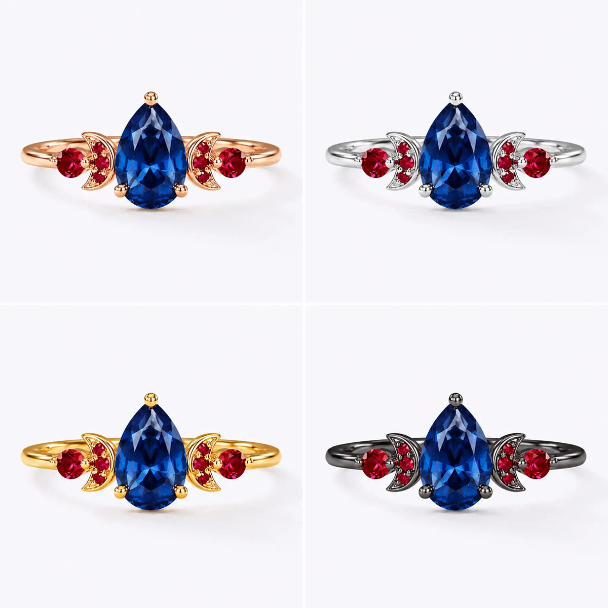 Close-up of pear cut lab sapphire center stone with ruby accents black gold yellow gold rose or white gold band