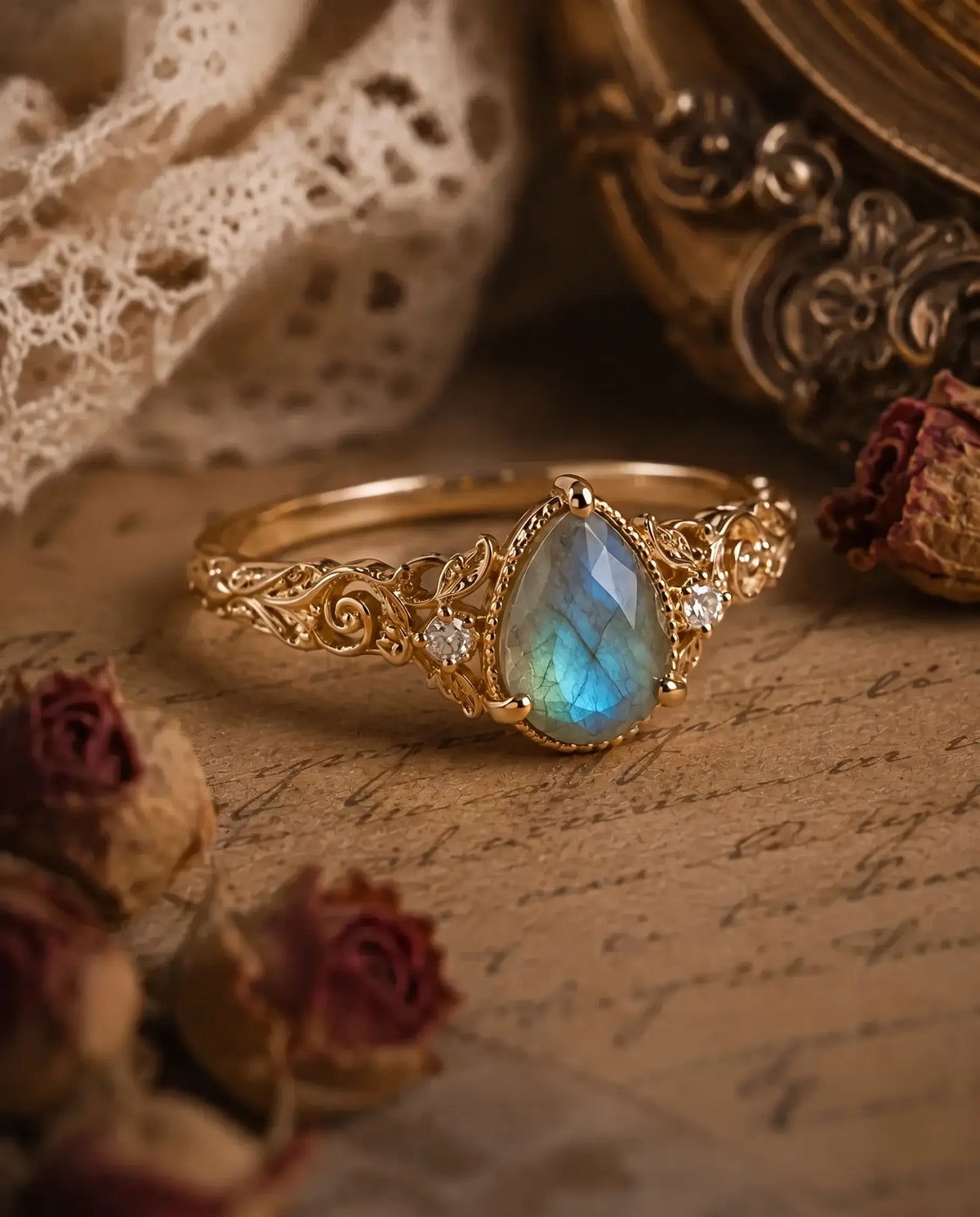 Victorian gold ring with pear labradorite and round moissanite