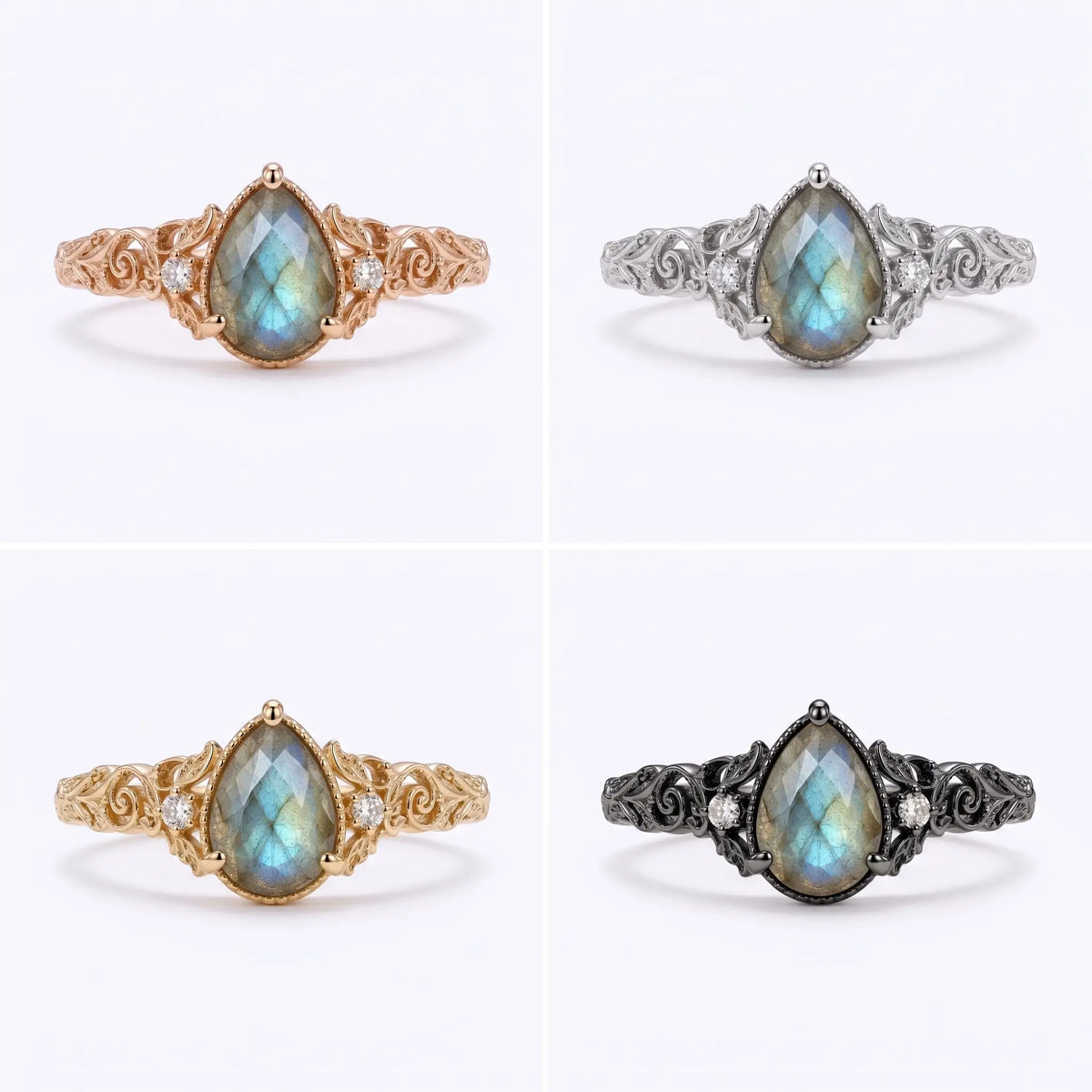 Antique inspired labradorite ring with leaf and scroll motifs