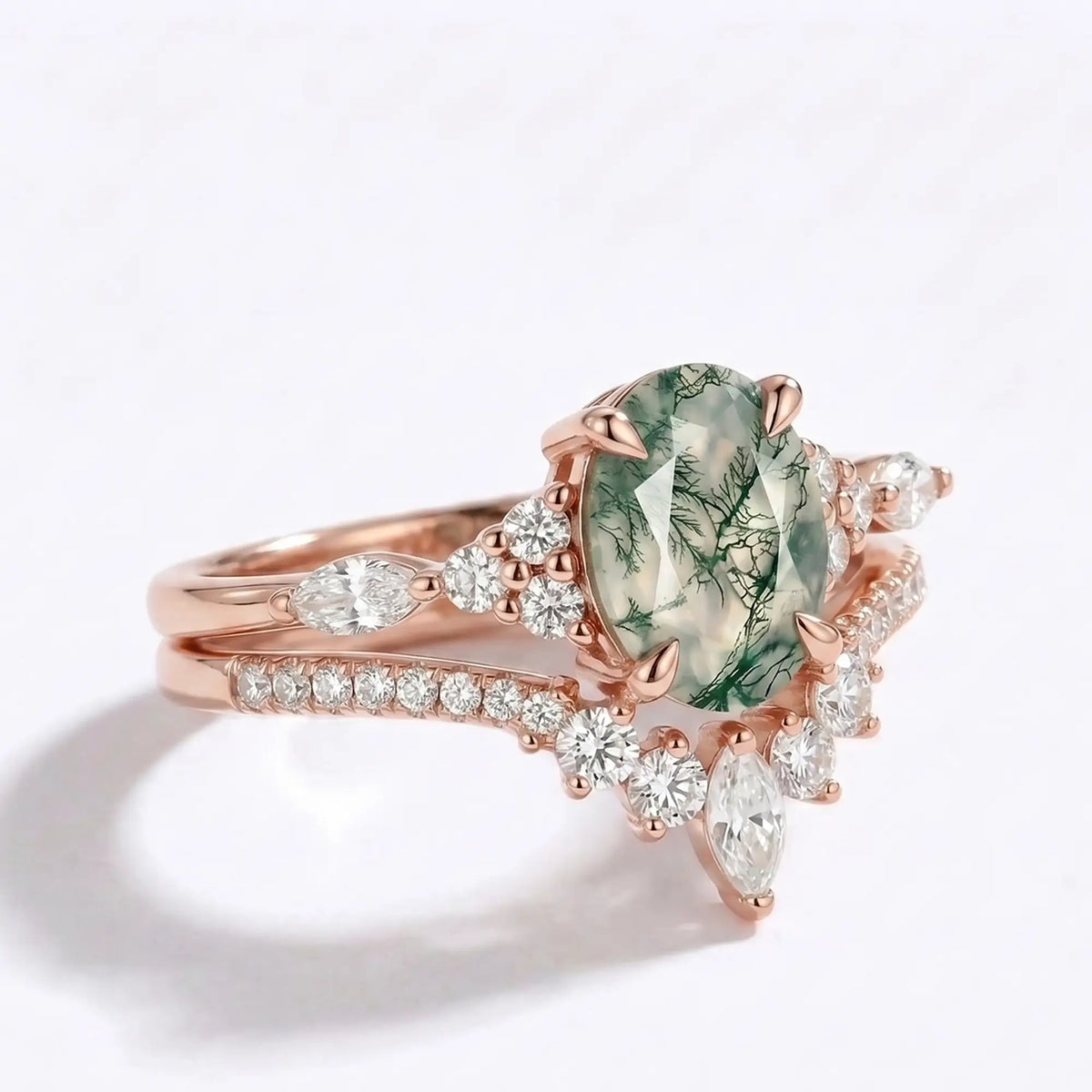 Luxury Moss Agate Oval Cluster Stacking Engagement Ring Set