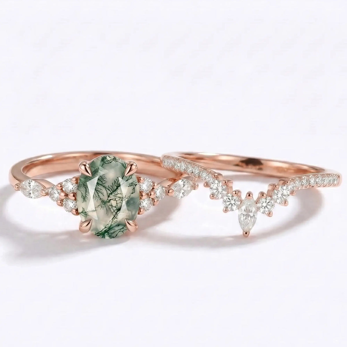 Luxury Moss Agate Oval Cluster Stacking Engagement Ring Set