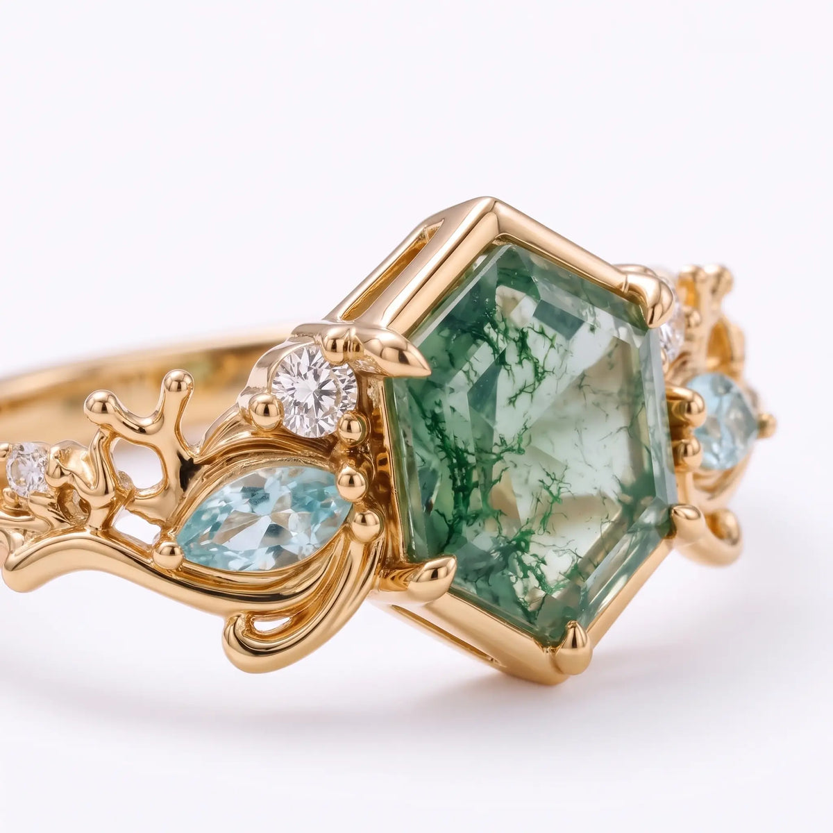 Hexagon Moss Agate Ocean Inspired Coral Engagement Ring – Marevora