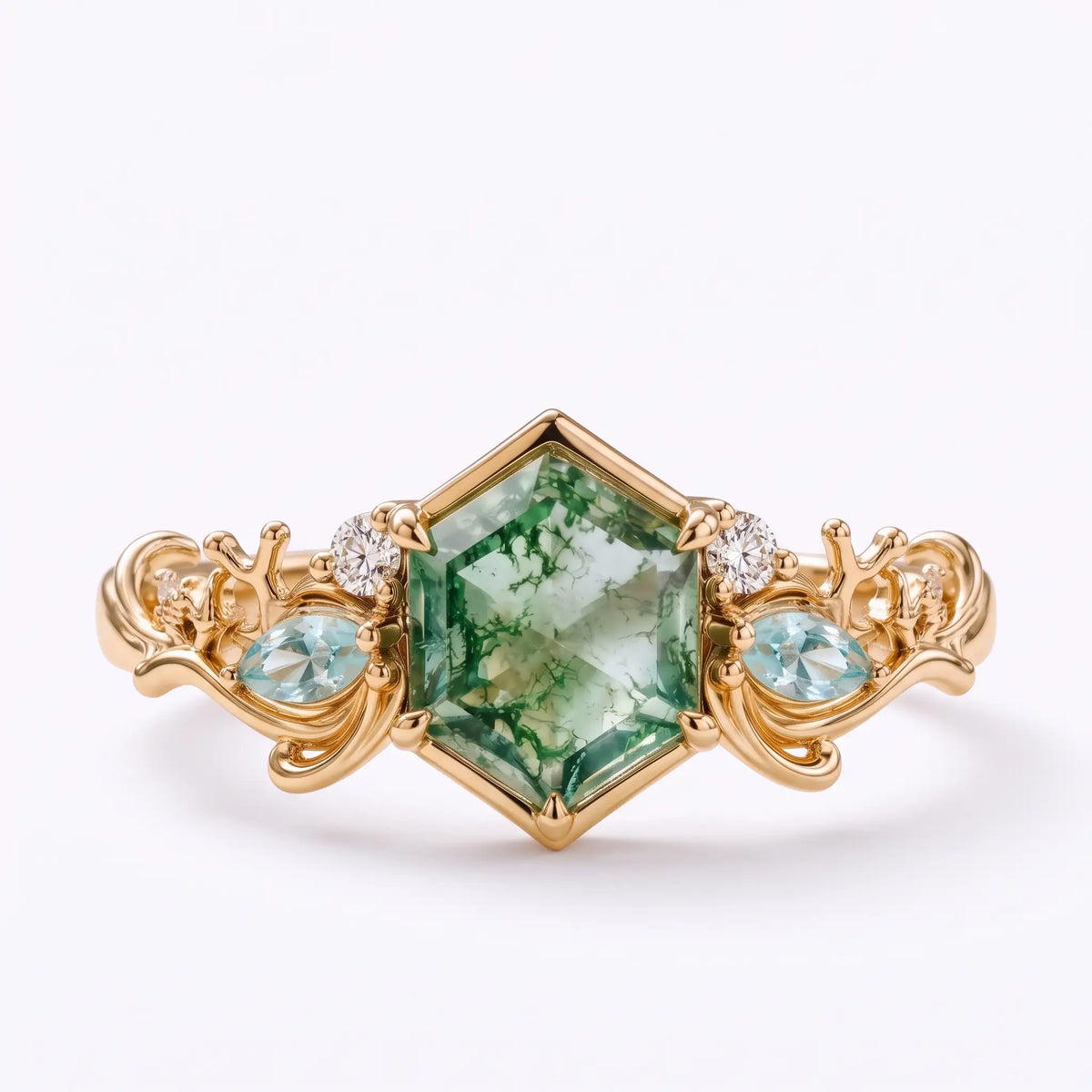 Hexagon Moss Agate Ocean Inspired Coral Engagement Ring – Marevora