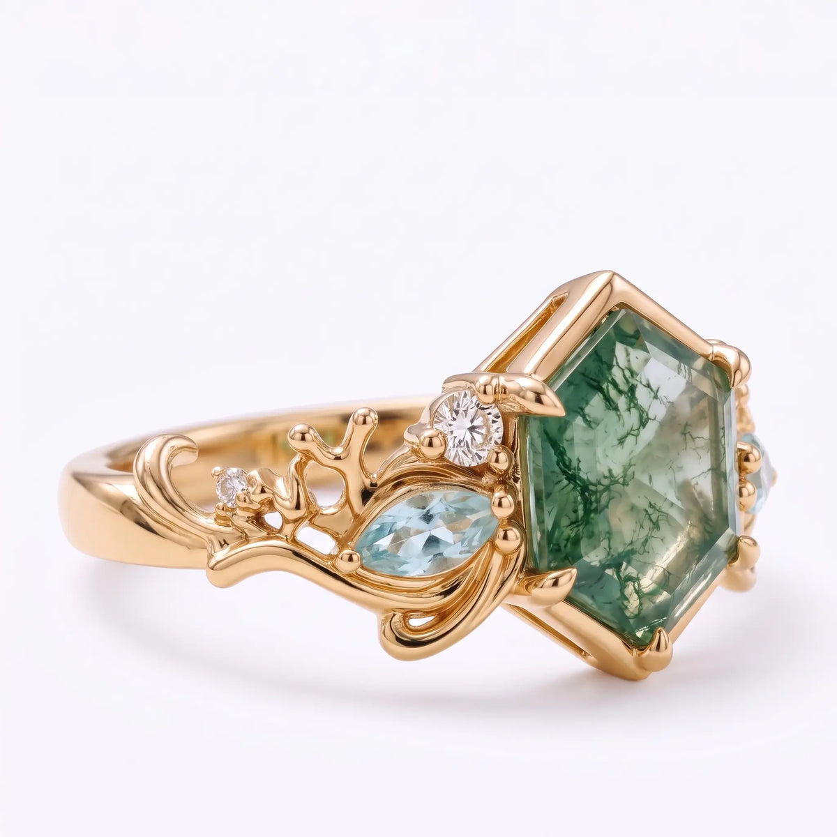Hexagon Moss Agate Ocean Inspired Coral Engagement Ring – Marevora