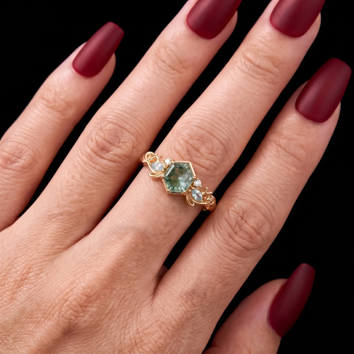Hexagon Moss Agate Ocean Inspired Coral Engagement Ring – Marevora